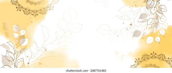 Luxurious golden wallpaper. Banner with flowers. Watercolor yellow, gold spots on a white background. Shiny flowers, twigs and ornament. Vector file.