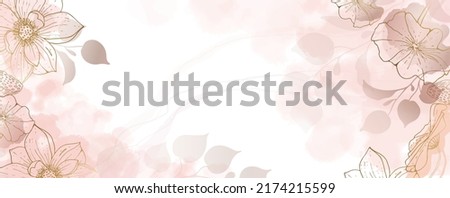 Luxurious golden wallpaper. Banner with flowers. Watercolor pink, blue, lilac spots on a white background. Shiny flowers and twigs. Vector file.