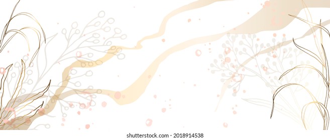 Luxurious golden wallpaper. Banner with grass and thin golden leaves. Watercolor spots and stains on a white background. Shiny flowers and twigs. Vector file.
