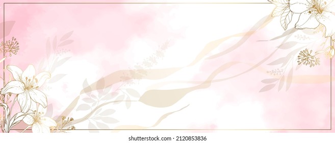 Luxuriöse goldene Tapete. Banner mit Lilienblumen. Aquarellfarben, Rosa Flecken auf weißem Hintergrund. Brillante Blumen und Zweige. Vektordatei.