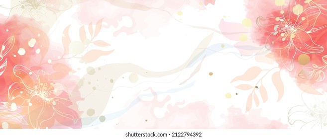 Luxuriöse goldene Tapete. Banner mit Lilienblumen. Aquarellfarben rosa, blau, lila Flecken auf weißem Hintergrund. Brillante Blumen und Zweige. Vektordatei.