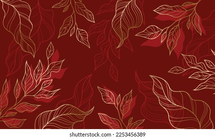 Luxurious golden wallpaper. Banner with red background. Golden cherry leaves wall art with shiny light texture. Modern art mural wallpaper. Vector