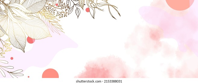 Luxurious golden wallpaper. Banner with rose flowers and chestnut leaves. Watercolor pink, gold stains on a white background. Brilliant flowers and branches. vector file.