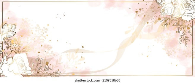 Luxurious golden wallpaper. Banner with roses.. Watercolor pink, spots on a white background. Brilliant flowers and twigs. vector file svg