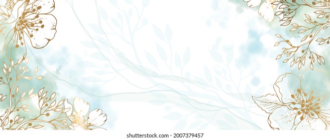 Luxurious golden wallpaper. Banner with white background blue and green watercolor stains. Golden cherry leaves wall art with shiny light texture. Modern art mural wallpaper. Vector illustration. - Shutterstock ID 2007379457