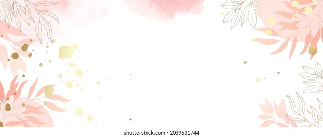 Luxurious golden wallpaper. Banner white background and stains of pink and gold watercolor. Grass leaves with a shiny light texture. Modern minimalist art mural wallpaper. Vector illustration.