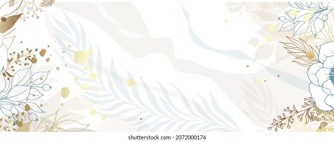 Luxurious golden wallpaper. Banner with a white background and beautiful light stripes and spots. Gold and blue leaves, wall art flowers with shiny light texture. Modern art mural wallpaper. Vector