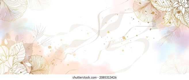 Luxurious golden wallpaper. Banner with white background blue and pink watercolor stains. Golden Poinsettia leaves wall art with a shiny light texture. Modern art mural wallpaper. Vector illustration.