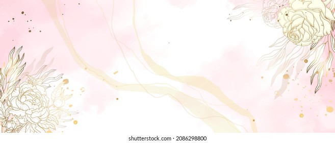 Luxurious golden wallpaper. Banner with white background pink watercolor stains. Golden Rose leaves wall art with a shiny light texture. Modern art mural wallpaper. Vector illustration.