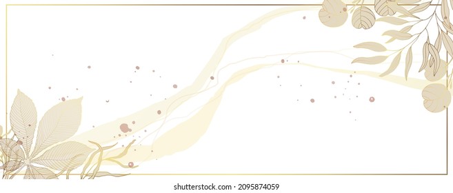 Luxurious golden wallpaper. Banner with a white background and beautiful light stripes and spots. Gold roses and mimosa wall flowers with a shining light texture. Modern art mural wallpaper. Vector