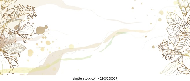 Luxurious golden wallpaper. Banner with a white background and beautiful golden stripes and spots. Golden wall flowers with a shiny light texture. Wall mural of contemporary art. Vector