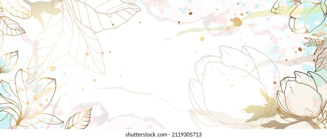 Luxurious golden wallpaper. Banner with white background blue and green watercolor stains. Golden magnolia leaves wall art with a shiny light texture. Wall mural of contemporary art. Vector