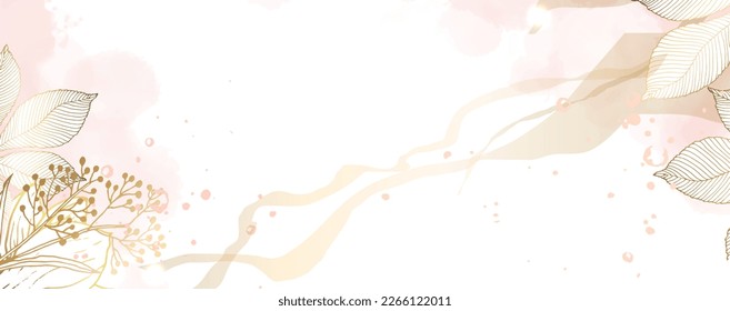 Luxurious golden wallpaper. Banner with white background pink watercolor stains with chestnut leaves. Golden rose leaves wall art with shiny light texture.Vector illustration.