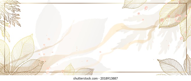 Luxurious golden wallpaper. Golden chestnut leaves wall art with shiny light texture. Modern art mural wallpaper. White background and watercolor stains. Vector illustration.