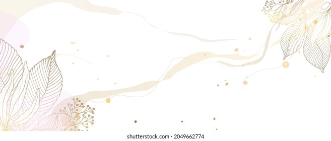 Luxurious golden wallpaper with chestnut leaves. White background. Shiny leaves for wall art with pastel light texture. Modern art mural wallpaper. Vector illustration.