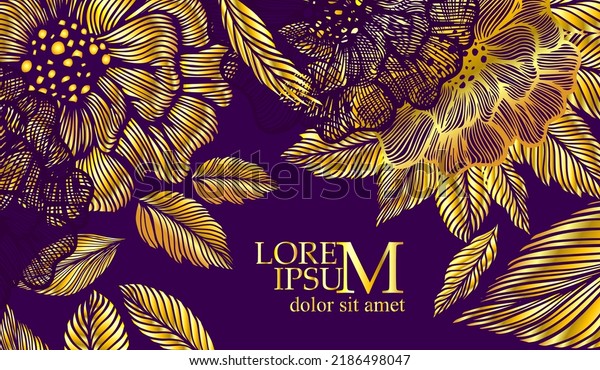 Luxurious golden wallpaper. Dark blue background with golden flowers. Vector illustration. Gold leaves wall art with shiny golden light texture. Modern art mural wallpaper. Vector illustration.