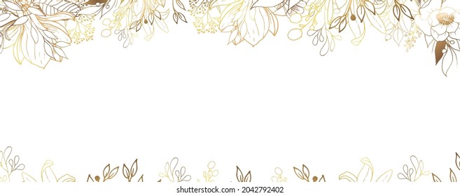 Papel de oro de lujo. Marco floral. Fondo blanco y hermosas hojas doradas encima de la ilustración. Flores de magnolia con una textura luminosa brillante. Ilustración vectorial.