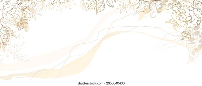 Luxurious golden wallpaper. Floral frame with roses and leaves. White background and beautiful golden leaves at the top of the illustration. Flowers with a shiny light texture. Vector illustration.