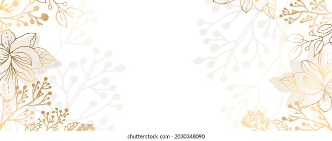 Luxuriöse goldene Tapete. Gildenblätter und Farben mit glänzender heller Textur. Moderne Wandbild der Kunst. Weißer Hintergrund und glänzende Blumen. Vektorgrafik.