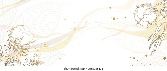 Papel de oro de lujo. Hojas de oro y flores de algodón sobre un fondo blanco, una imagen con una textura luminosa brillante. Papel mural de arte moderno. Espoletas y rayas acuáticas. Vector