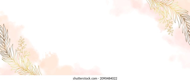 Luxurious golden wallpaper. Minimalistic style.Banner with white background, pink watercolor stains. Golden leaves leaves wall art with a shiny light texture. Vector illustration.