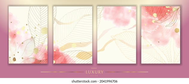 Luxurious golden wallpaper. A set of four backgrounds. White with spots of pink watercolor. Golden chestnut leaves with a shiny light texture. Modern art mural wallpaper. Vector illustration.