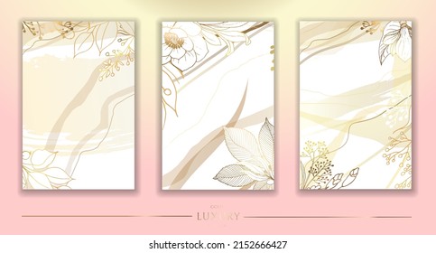 Luxurious golden wallpaper. Set of three backgrounds. White with golden watercolor spots. Leaves of golden grass and chestnut with a shiny light texture. Wall mural of contemporary art. vector