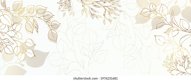 Luxurious golden wallpaper. White background. Gold leaves wall art with shiny golden light texture. Modern art mural wallpaper. Vector illustration.