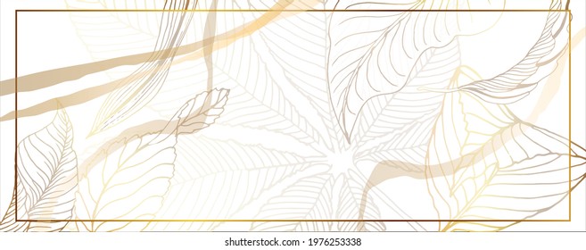 Luxurious golden wallpaper. White background. Gold leaves wall art with shiny golden light texture. Modern art mural wallpaper. Vector illustration.