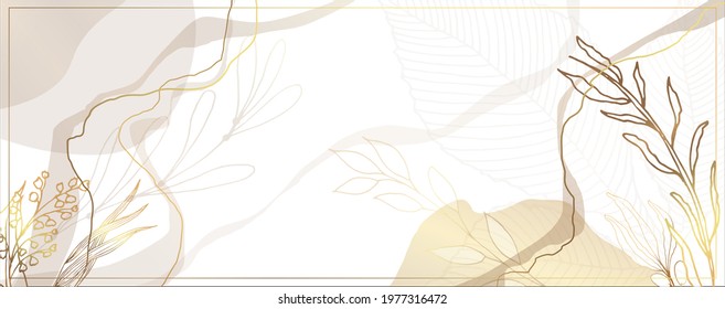 Luxurious golden wallpaper. White background. Gold leaves wall art with shiny golden light texture. Modern art mural wallpaper. Place for your text. Vector illustration.