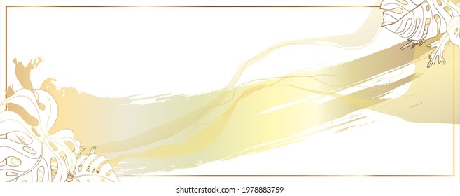 Luxurious golden wallpaper. White background. Gold leaves wall art with shiny golden light texture. Monstera and anemone branches. Modern art mural wallpaper. Vector illustration.