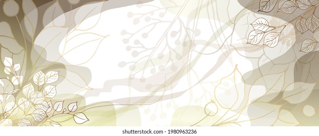 Luxurious golden wallpaper. White background with a green tint. Gold leaves wall art with shiny golden light texture. Streaks and stains. Modern art mural wallpaper. Vector illustration.