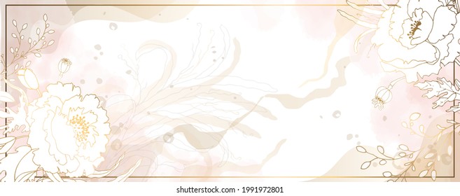 Luxurious golden wallpaper. White background and spots of pink watercolor. Golden poppy leaves wall art with shiny light texture. Modern art mural wallpaper. Vector illustration.