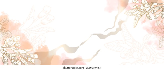 Luxurious golden wallpaper. White background and spots of pink and sand watercolor. Golden leaves and cherry flowers with a shiny light texture. Modern art mural wallpaper. Vector illustration.