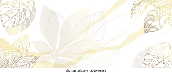 Luxurious golden wallpaper. White background and beautiful stripes and spots. Golden chestnut and monstera leaves with a shiny light texture. Modern art mural wallpaper. Vector illustration.