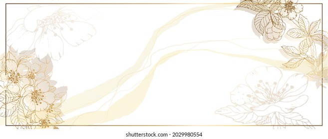 Luxurious golden wallpaper. White background and beautiful leaves and spots. Golden leaves and cherry flowers with a shiny light texture. Modern art mural wallpaper. Vector illustration.