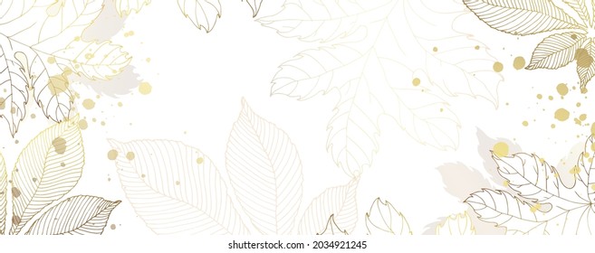 Luxurious golden wallpaper. White background and beautiful autumn leaves. Golden chestnut and maple leaves with a shiny light texture. Modern art mural wallpaper. Vector illustration.