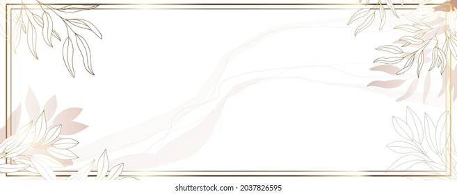 Luxurious golden wallpaper. White background and spots of pastel watercolor. Golden leaves with a shiny light texture. Modern art mural wallpaper. Vector illustration.