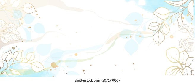 Luxurious golden wallpaper. White background and blue watercolor stains. Golden leaves and flowers with a shiny light texture. Modern art mural wallpaper. Vector illustration.