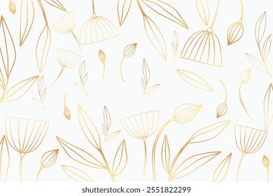 Papel de parede de ouro luxuoso. Fundo branco. O ouro deixa a arte da parede com a textura brilhante da luz dourada. Papel de parede de arte moderna mural. Ilustração vetorial.