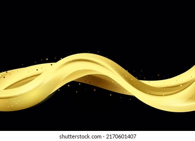 Luxurious golden waveforms, on a black background. Golden interlaced shape. Curvy stream. Geometric design.