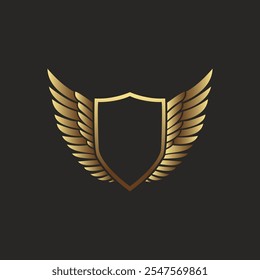 A luxurious golden winged shield emblem with intricate detailing, set against a sleek black background. This elegant design conveys sophistication and strength, ideal for branding, logos.