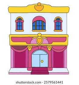 A luxurious gold-trimmed Pink burgundy theater Cartoon, Hand drawing illustration, ideal for performing arts, opera houses, and cultural landmarks.