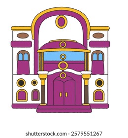 A luxurious gold-trimmed Purple burgundy theater, cinema, movie, film. Cartoon, Hand drawing illustration, ideal for performing arts, opera houses, and cultural landmarks.