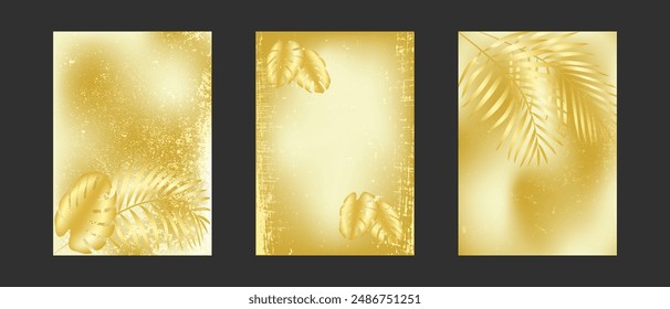Luxurious gradient gold backgrounds with tropical foliage. Golden shabby texture. A set of elegant A4 covers with palm leaves.
