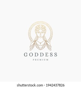 Luxurious greek goddess woman with line style logo icon design template. Demeter, Persephone, hera aphrodite, hestia, flat modern vector illustration
