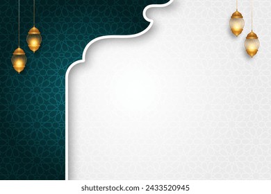 luxurious green arch border Islamic ramadan kareem eid mubarak arabic background banner design illustration. Translation. "Muslim fasting month and celebration day after fasting."
