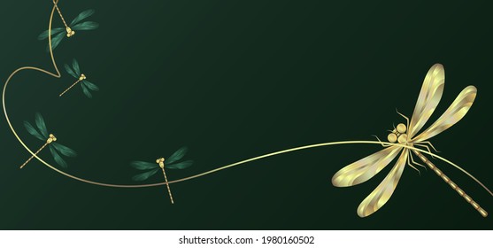 Luxurious green background with a combination of golden flowing lines and flying dragonflies. Abstract modern background.