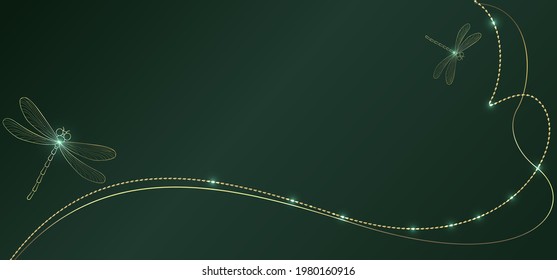 Luxurious green background with a combination of golden flowing lines and flying dragonflies. Abstract modern background.