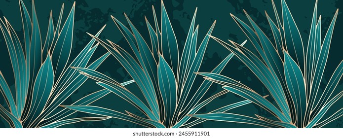 Luxurious green botanical background with tropical bushes. Golden outline of tropical plants. Vector background, wallpaper, cover, poster or banner.